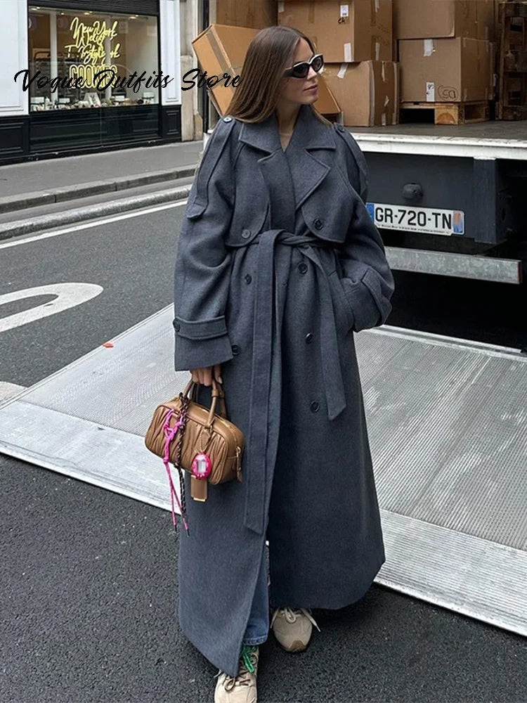 Chic Lace Up Woolen Long Trench Coat Women Gray Double Breasted Lapel Full Sleeve Pocket Coats 2026 Autumn Winter Lady Outwear
