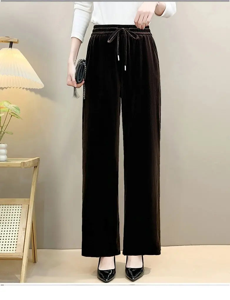 Women Drawstring High Waist Velvet Wide Leg Long Pants