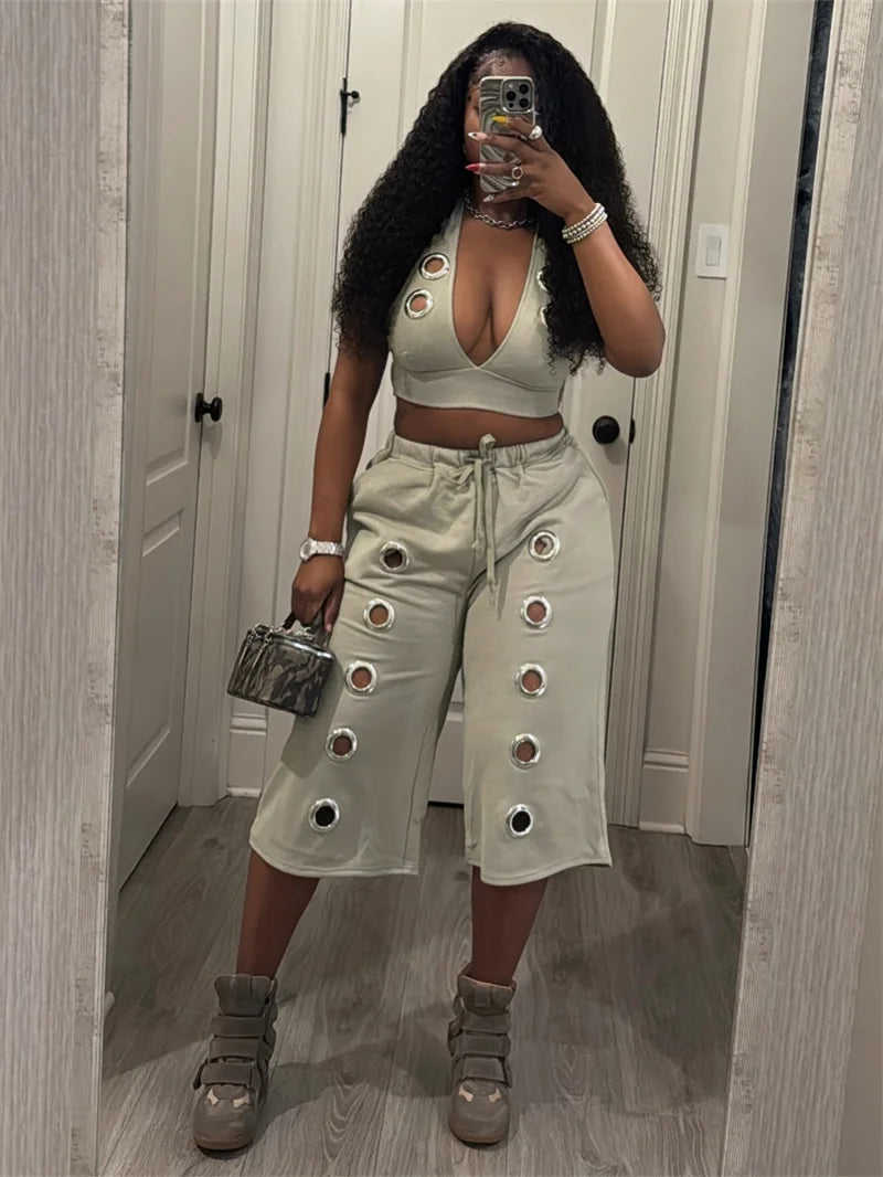 Streetwear 2 Piece Sets for Woman Club Outfits Party Hollow Out Halter V-neck Vest Crop Top and Calf-length Pants Matching Sets