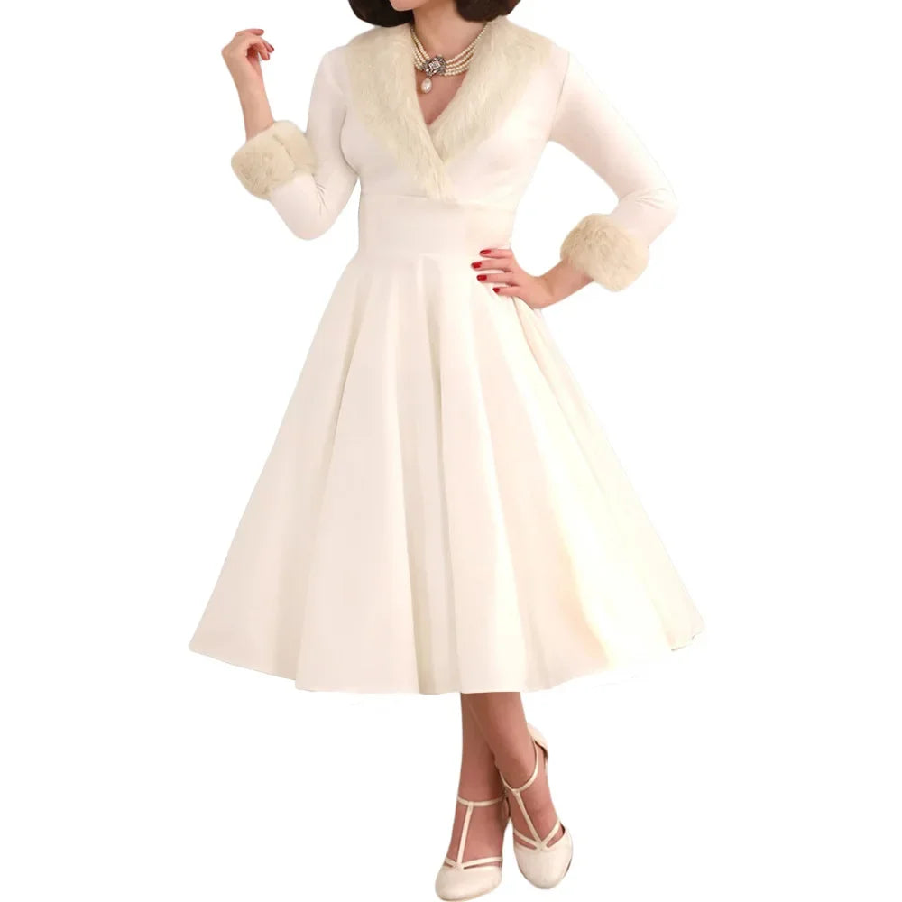 2024 Retro Temperamental Women Christmas Dresses Vintage V-Neck High Waist Long Dress Raw Edge Patchwork Large Swing Party Dress