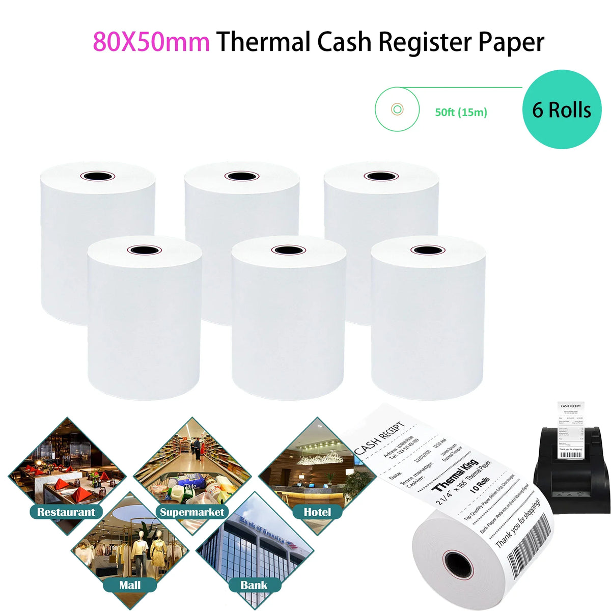 3 1/8 x 50 Thermal Paper (80mm x 50m) for Square POS System, Register Thermal Receipt Paper Rolls for TM-T88III,TM-T88IV,TM-T88V