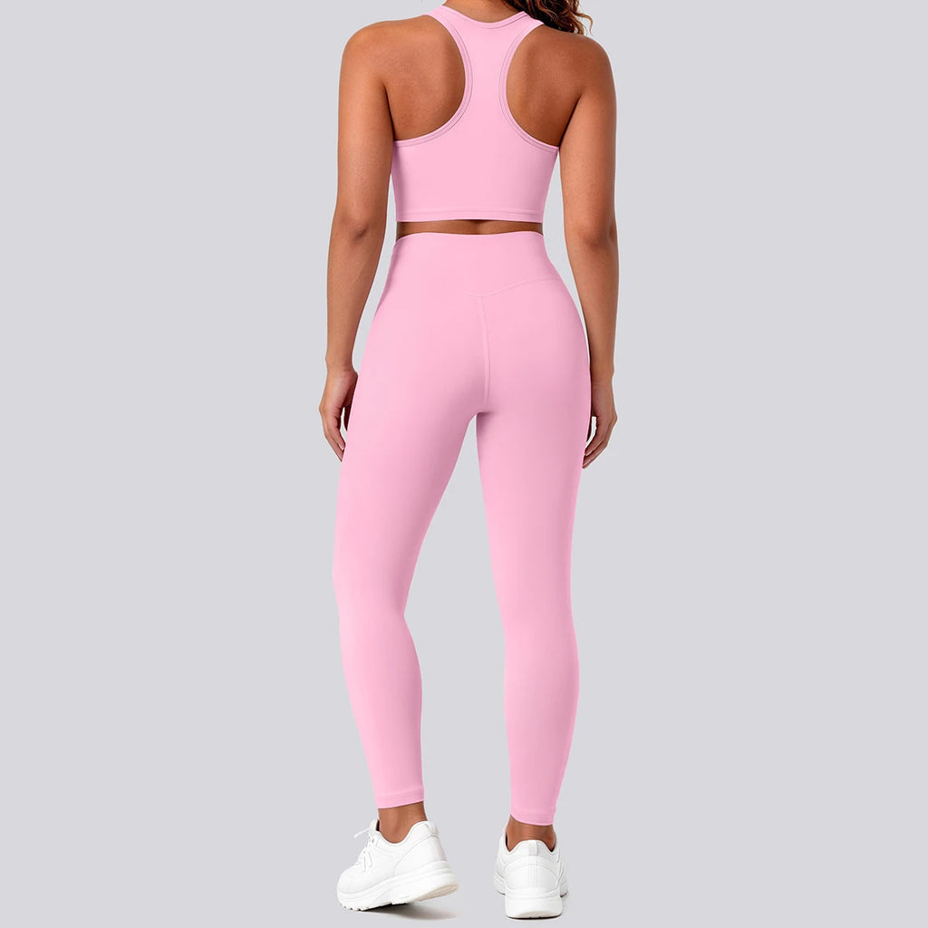 2PCS Solid Color Yoga Set for Woman's Gather Beautiful Back I-shaped Vest Shock-absorbing Running Yoga Tank Top Push Up Pants