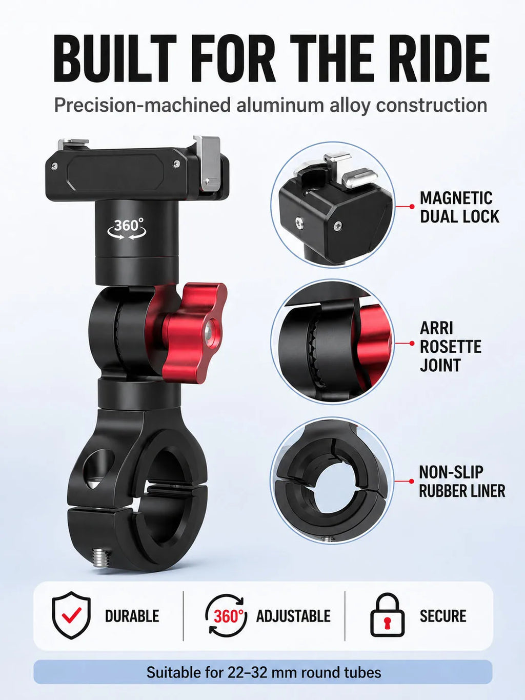 SOARSHOT Bicycle Motorcycle Handlebar Camera Mount 360° Swivel 22-32mm Clamp for DJI Osmo Insta360 Action Camera Quick Release