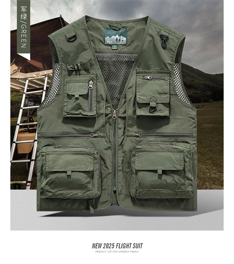 Mesh Men's Fishing Vest Multi Zip Pocket Hiking Waistcoat Male Light Thin Outdoor Sleeveless Jacket Work Summer Travel Plus Size