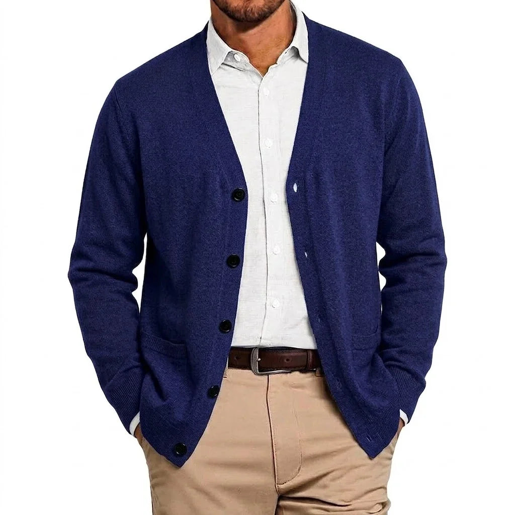 Mens VNeck Open Cardigan Jumper Button Front Knit Apparel Long Sleeve Knit Sweat Tops with Pockets Outer Garment for Males