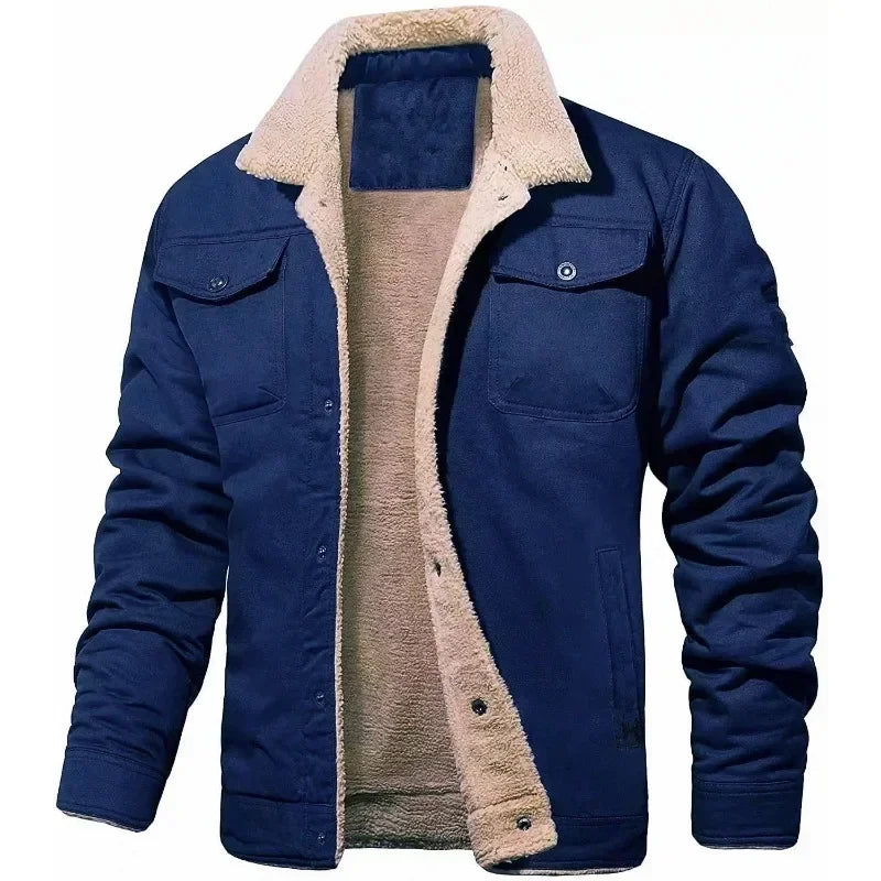 New Winter Men's Bomber Jacket High-quality Plush Thicken Wool Cargo Jackets Lapel Button-up Thick Warm Coat for Men Outwear 5XL