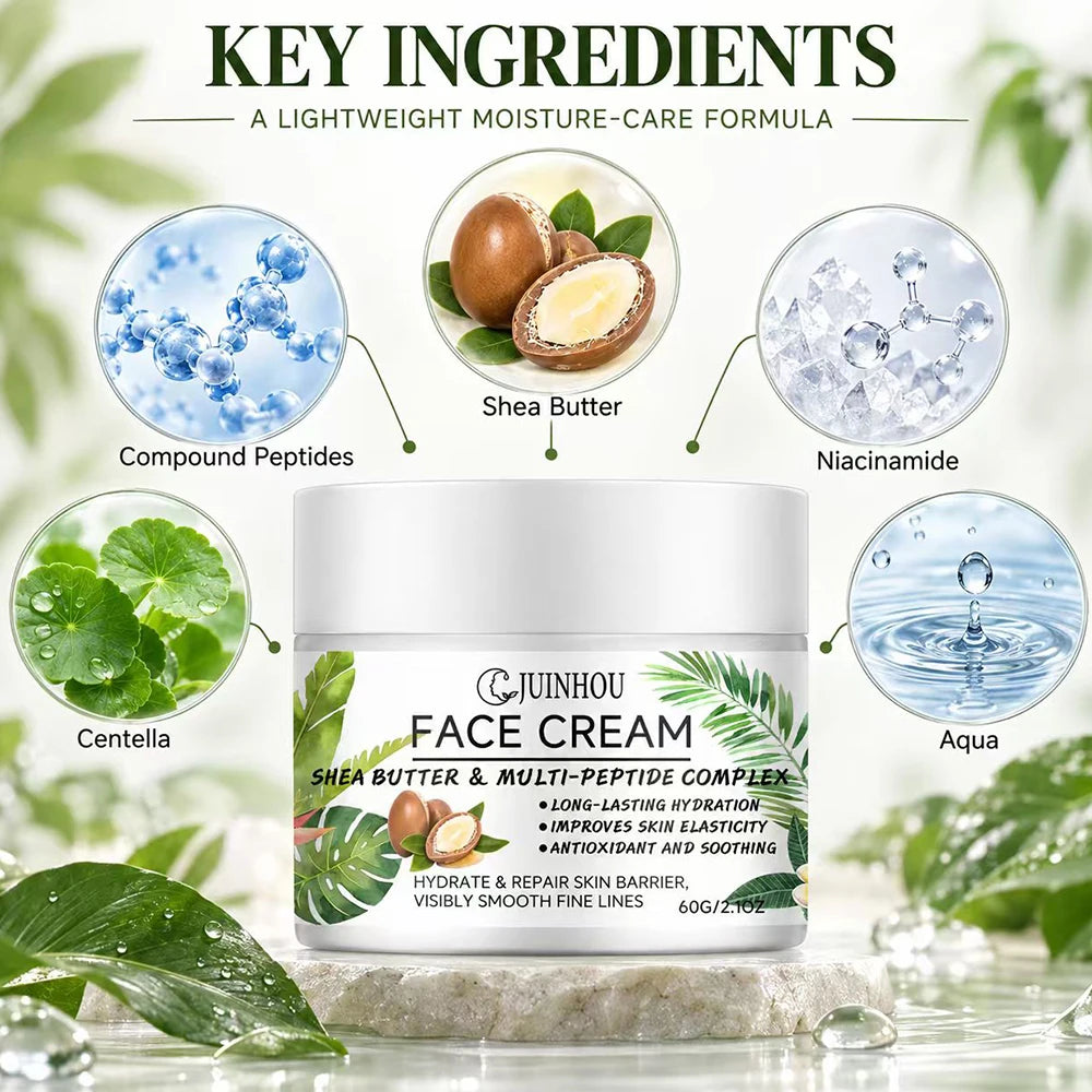 JUINHOU Moisturizing Face Cream Peptide Complex Shea Butter Deep Moisture Repair Dry Skin Firming Smooth Daily Facial Care