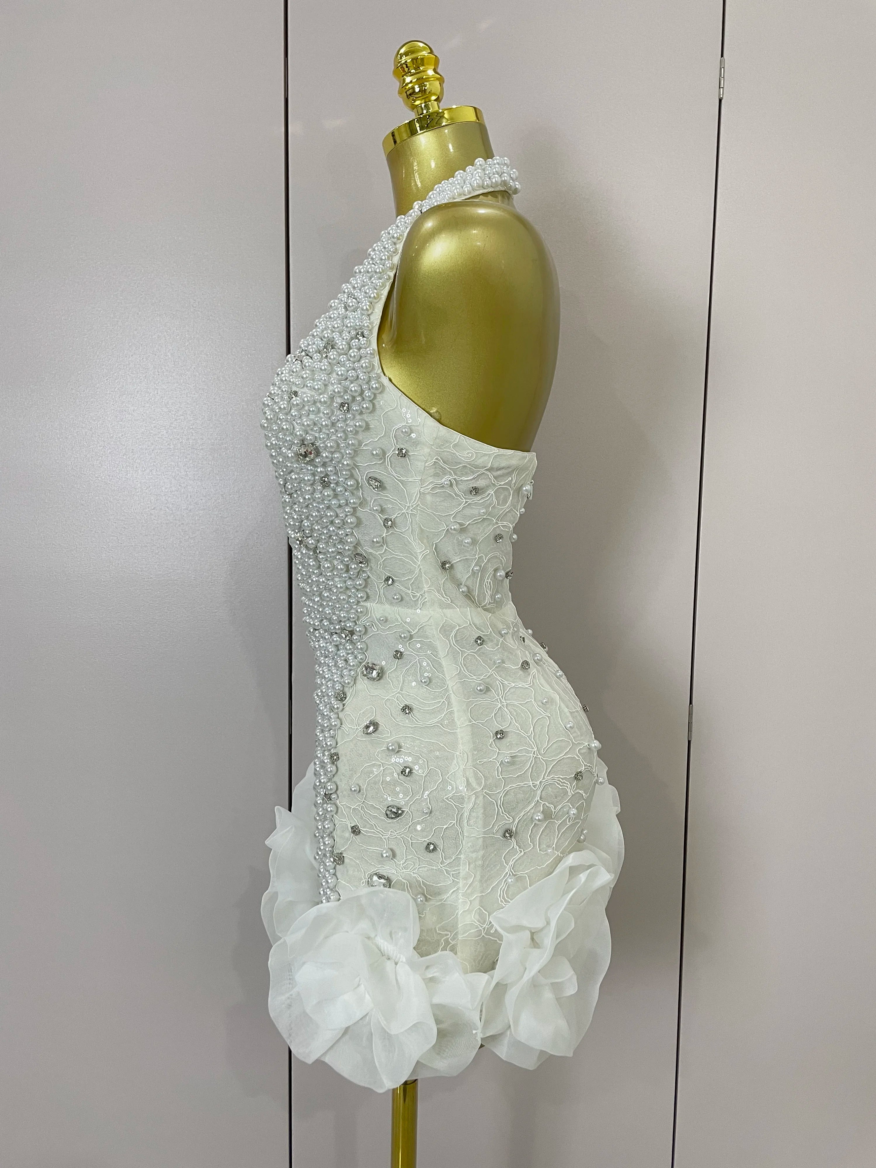 High Quality Luxury Shiny Diamonds Pearl Flowers Deep V Halter Short Dress Women Celebrate Eveing Celebrity Birthday Party Dress