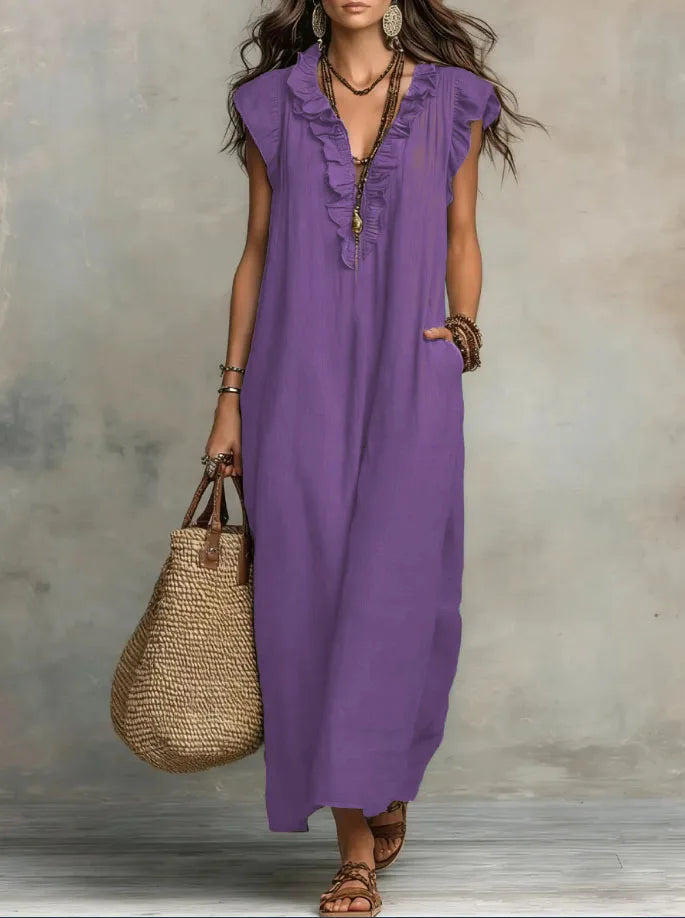 Women Spring Summer Boho Flutter Sleeve Floor Length Maxi Dress Elegant Beach Long Dress