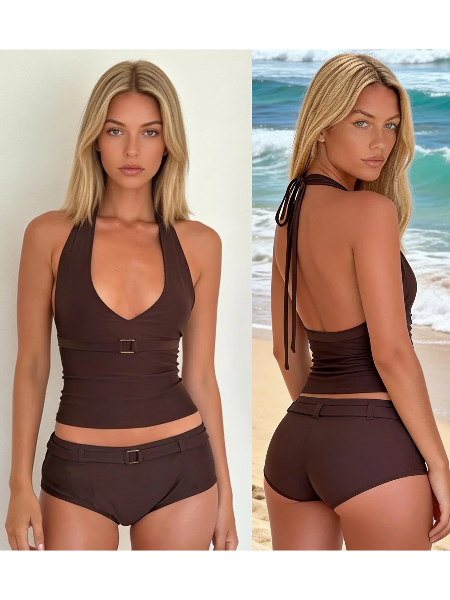 Summer Women 2Pcs Bathing Suit Bikini Sexy Tankini Swimsuit Set Solid Halter Tops With Micro Shorts Female Swimwear Beachwear