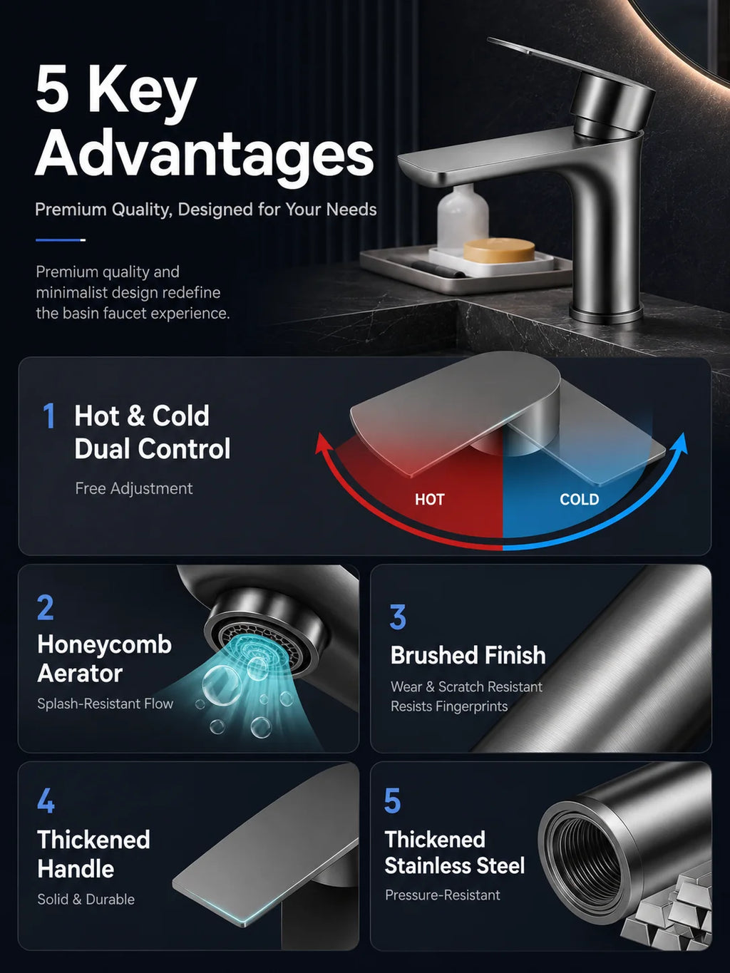 304 Stainless Steel Bathroom Sink Faucet Hot Cold Mixer Tap Single Handle Washbasin Water Faucet for Bathroom Vanity