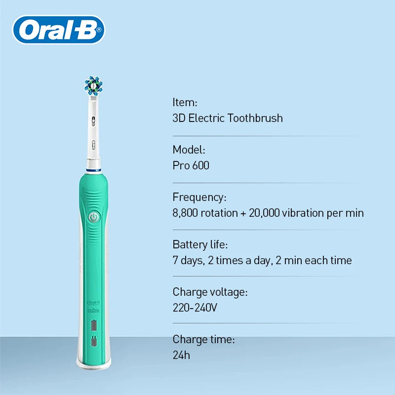 Oral-B Pro600 3D Electric Toothbrush IPX7 Waterproof Smart Timer Pressure Sensor Inductive Charging Adult Rechargeable Toothbrus