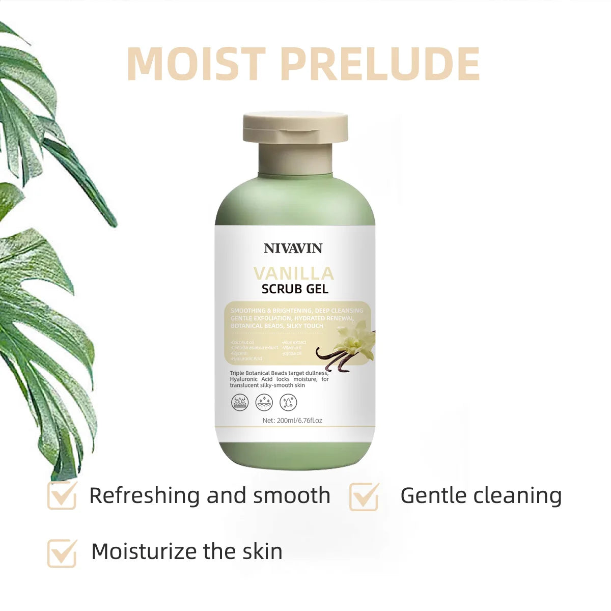 200ml Vanilla Scrub Gel is suitable for all skin types, gently removes dead skin, moisturizes and brightens the skin tone