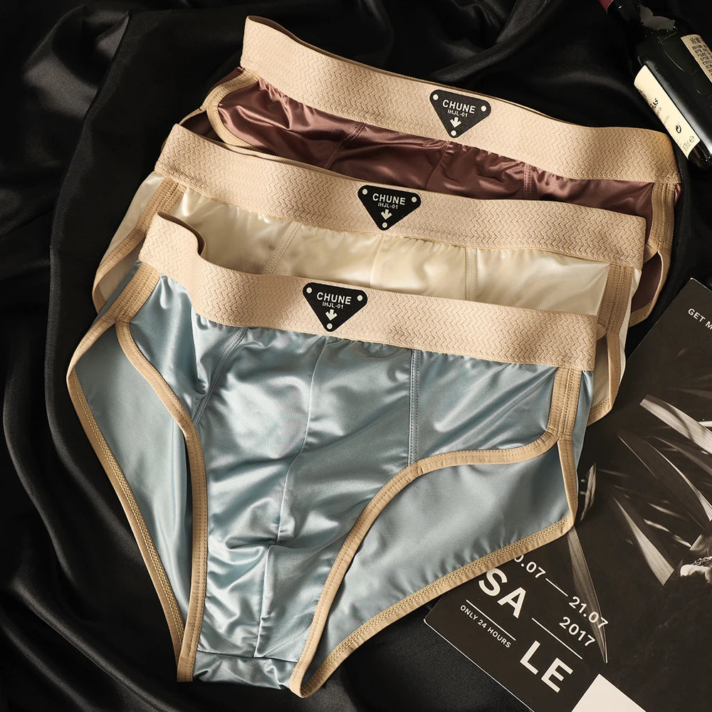 3PCS/Pack Luxury Satin-like Men's Briefs Ice Silk Hygroscopic Breathable Mesh Crotch Panties Soft High Elastic Man Underwear