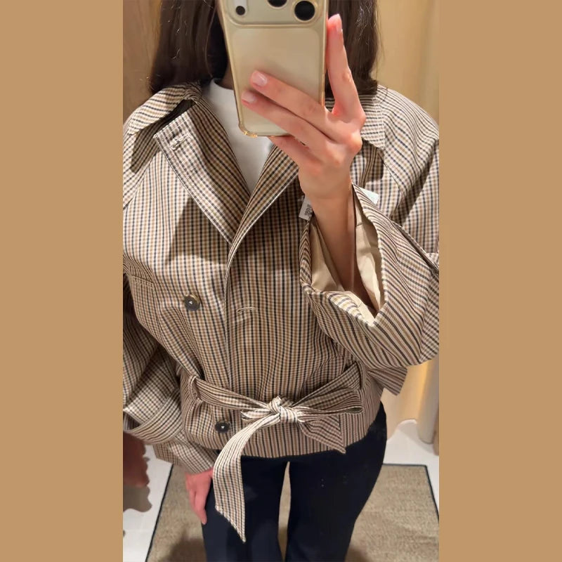 Loose Plaid Lace Up Jacket Women Vintage Double Breasted Full Sleeve Lapel Belts Jackets Female 2026 Autumn Outwear Lady