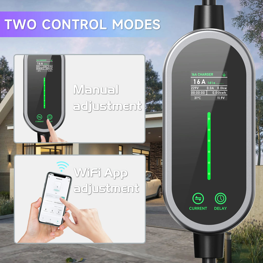 3.5KW 16A Portable EV Charger Type2/Type1 Electric Car Charger EVSE Fast Charging Cable Wallbox WiFi APP Bluetooth Control