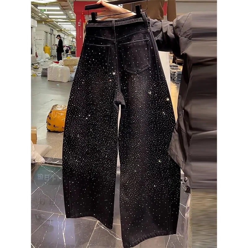 Korean Loose Women Denim Pants 2026 New Autumn Winter Retro Hot Diamond Long Cowboy Trousers Ladies Casual Streetwear Jeans