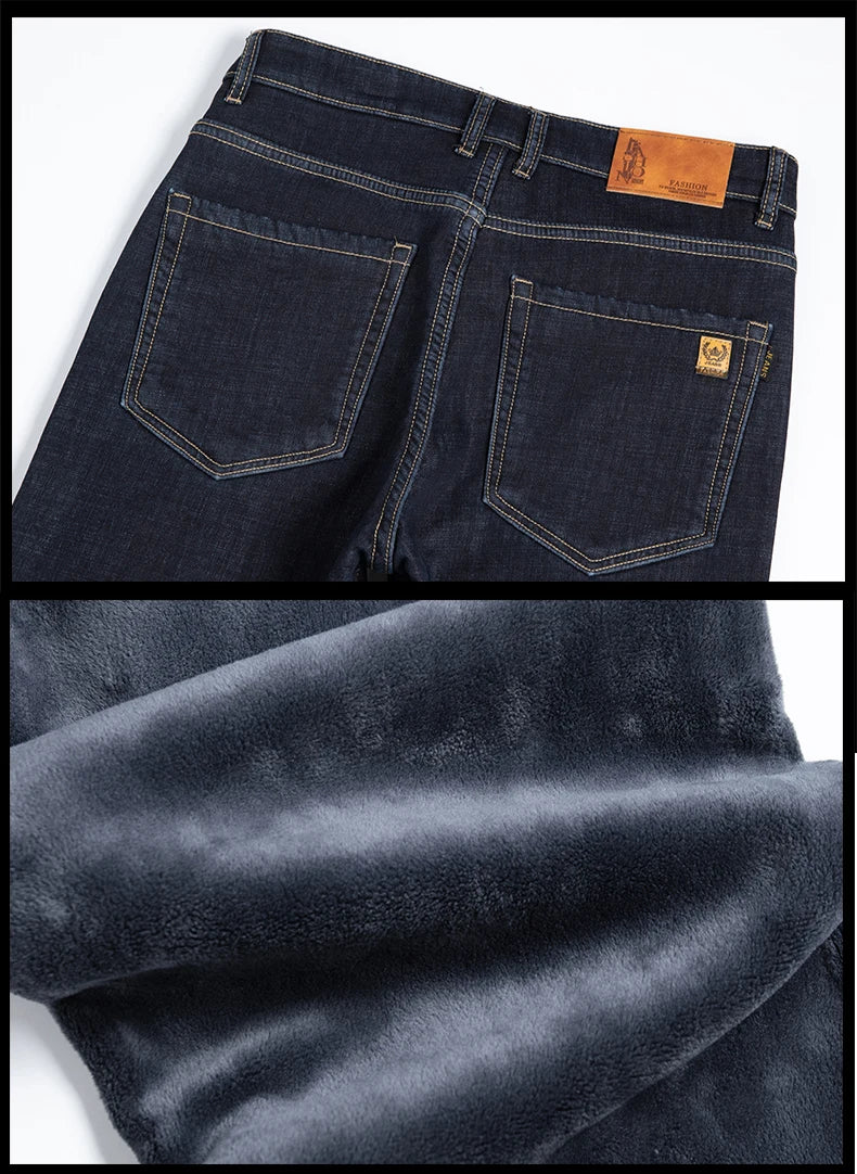 Men Winter Fleece Warm Jeans Brand 2024 Fashion Business Pants Retro Classic Denim Trousers Autumn Casual Stretch Slim Jeans Men