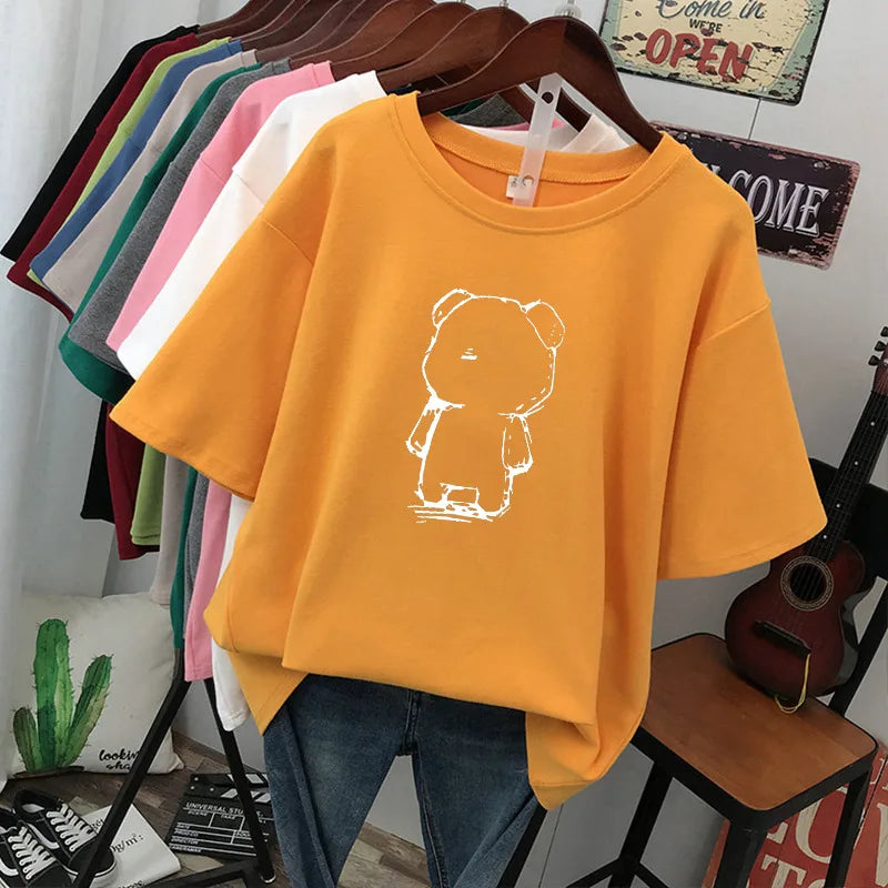 plus Size Women's Cotton T-Shirt Loose Fit Short Sleeve round Neck Print Design Comfortable Casual Style Korean Fashion