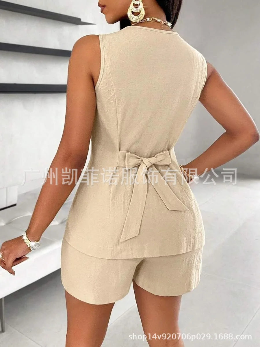 Women Fashion Casual Shorts Set Summer Vest Top Button Solid 2 Pieces Set Lace-up Pant Suits Womens Clothing Office Holiday 2025