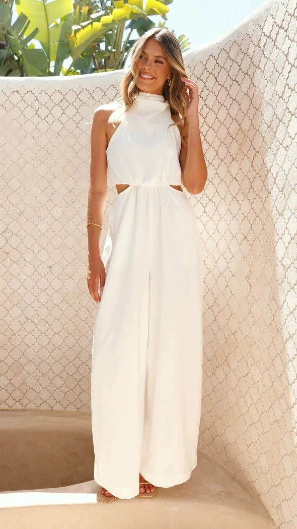 Halter Neck Jumpsuits Women Summer Solid Color Leace-up Backless Slit Wide Legs Sleeveless Jumpsuit Temperament Female Clothing