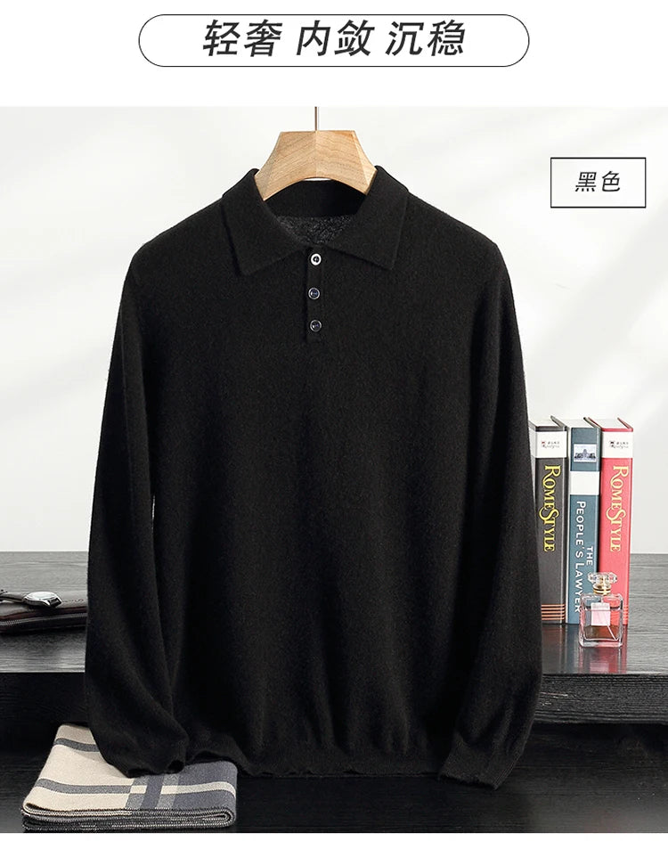 Autumn/Winter Men's 100% Cashmere Pullover Business Casual Solid Knitted Sweater Loose POLO Collar Tops Basic Thick Warm Jumper