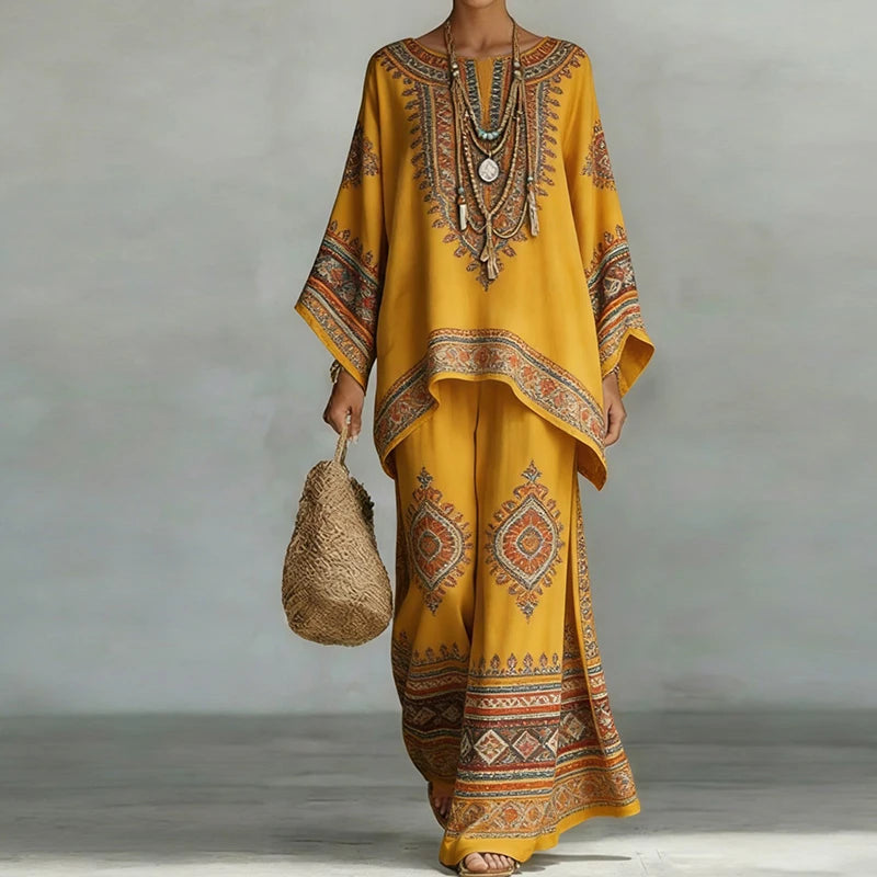 Women Casual Long Loose Top Two Pieces Sets, Summer Holiday Wide Leg Pants Fashion 2PC Outfit, Retro Printing Chic Ladies Suits