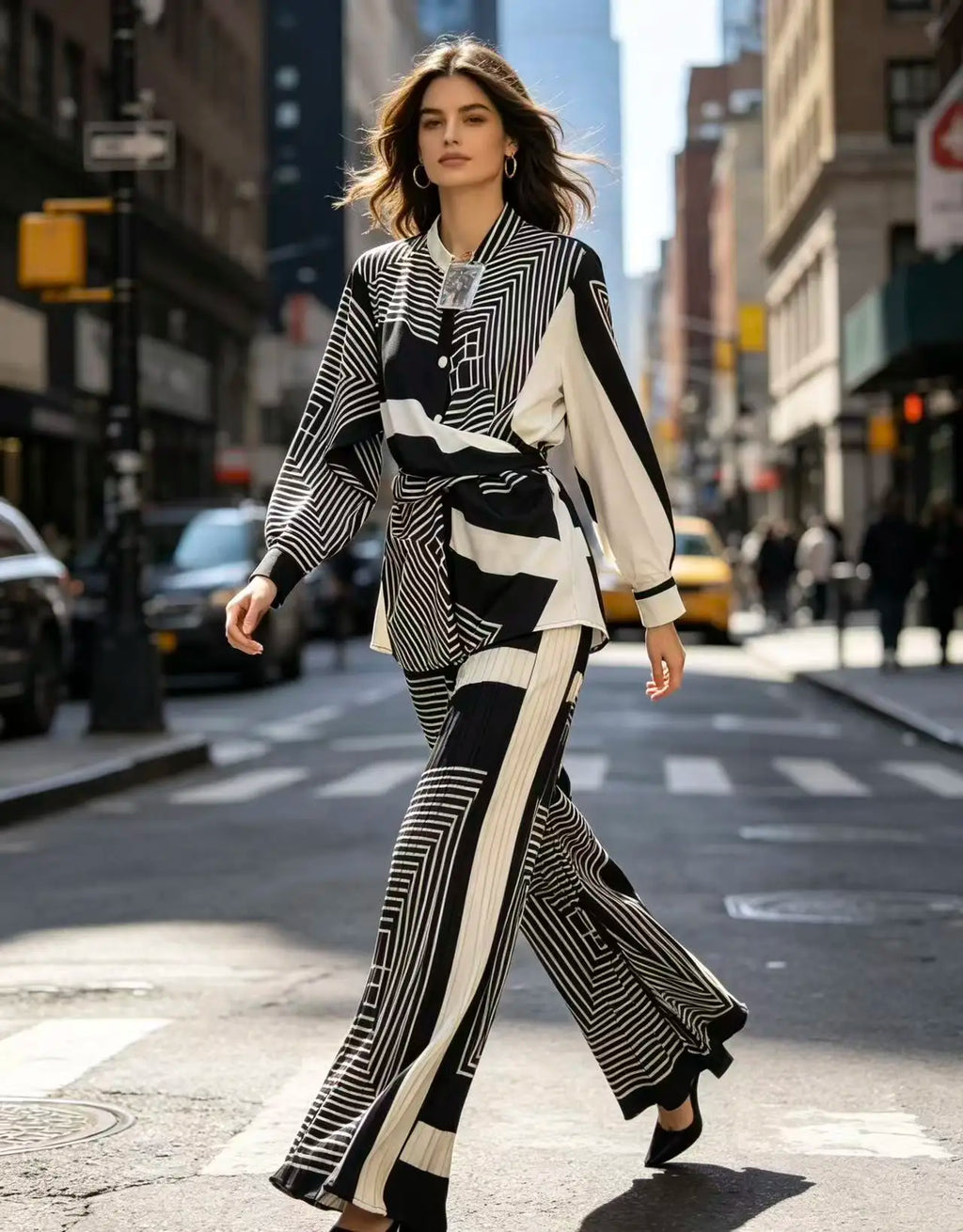 Summer Retro Print For Women Suit Chic and Elegant Outifits Top+High Waist Wide Leg Pleated Long Pants 2 Piece Set 2026