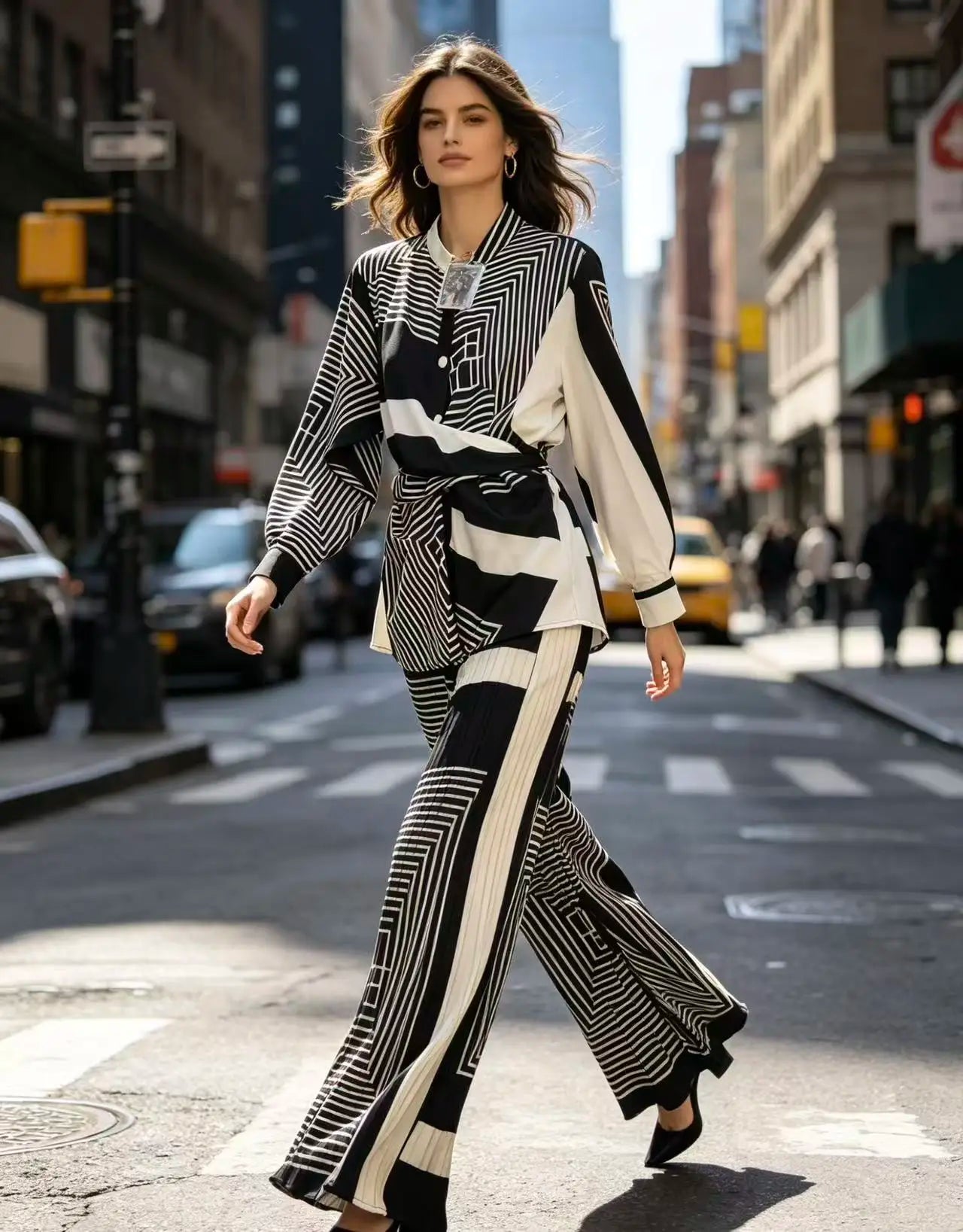 Summer Retro Print For Women Suit Chic and Elegant Outifits Top+High Waist Wide Leg Pleated Long Pants 2 Piece Set 2026