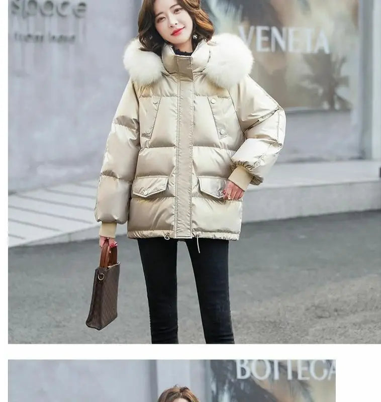 2026 Winter Fashion New Warm Duck Down Jacket Women's Clothes Glossy Fur collar Thicken Parka Short Down Coat Female Trend