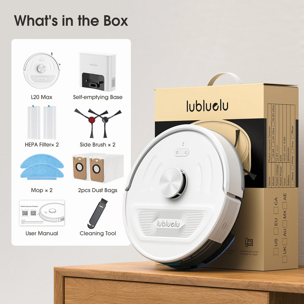 Lubluelu L20Max Self-Emptying 3-in-1 Robot Vacuum Mop - 6000Pa Suction LiDAR Navigation Large Dust Bag Hands-Free 120min Runtime