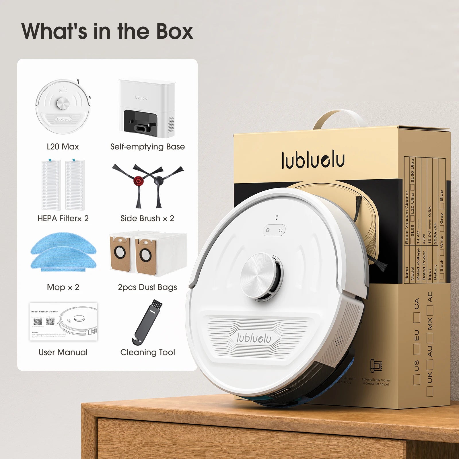 Lubluelu L20Max Self-Emptying 3-in-1 Robot Vacuum Mop - 6000Pa Suction LiDAR Navigation Large Dust Bag Hands-Free 120min Runtime