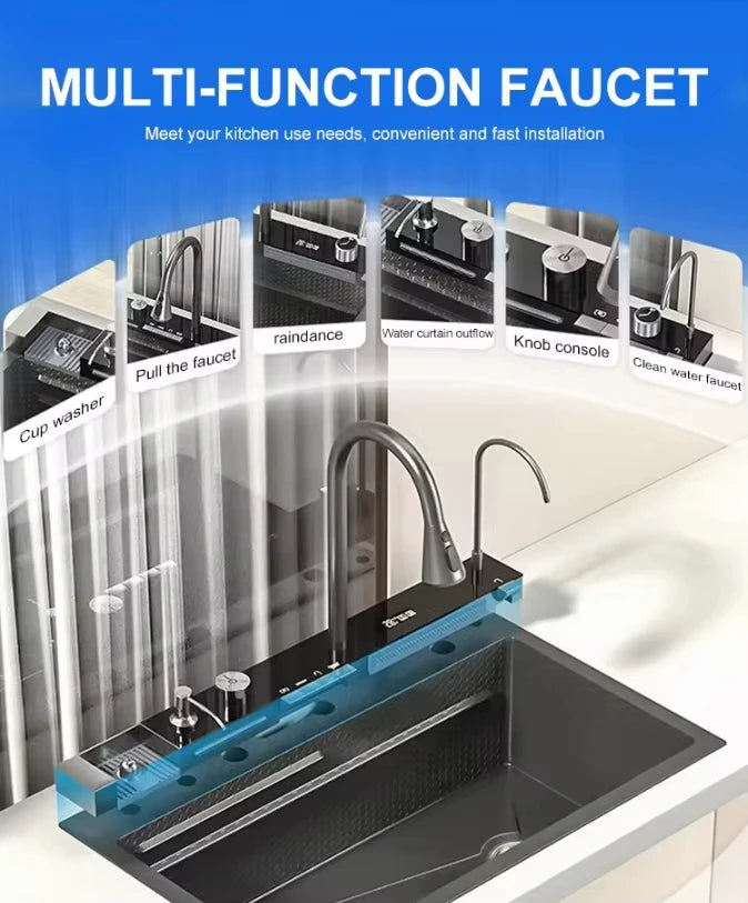 Stainless Steel Large Single Slot Bionic Honeycomb Black Wash Top Mount / Apron Front Smart Kitchen Sink with Waterfall Faucet