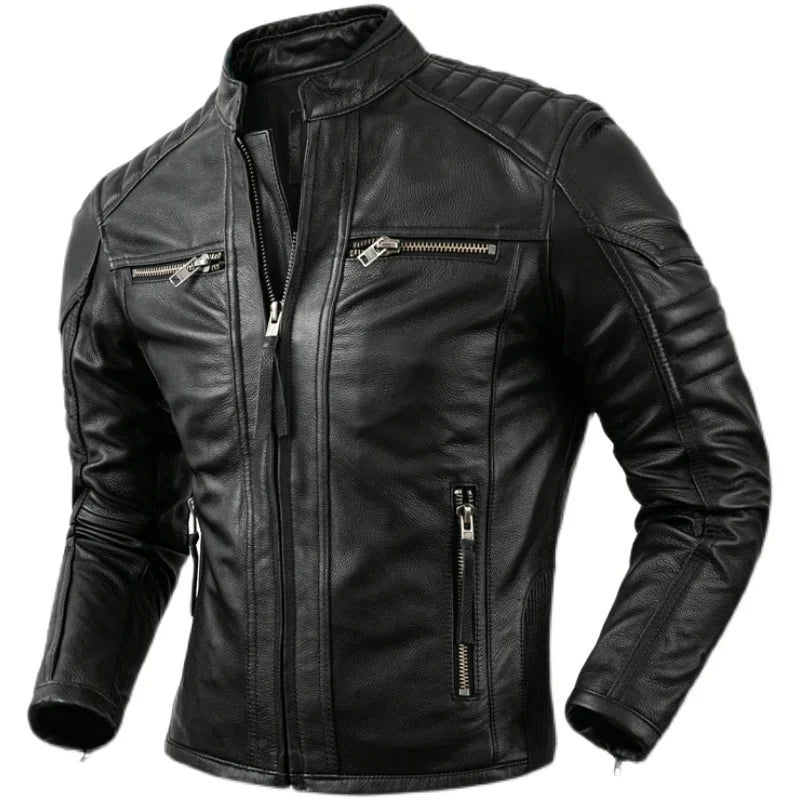 2023 New Motorcycle Causal Vintage Leather Coat Men Autumn Outfit Fashion Biker Pocket Design Top Layer Cow Leather Jacket