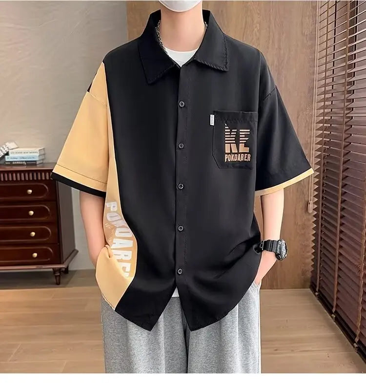 New Shirts for Men Patchwork Graphic T-shirts Men's Clothing Summer Casual Short Sleeved Daily Street Tops Loose Oversized Shirt