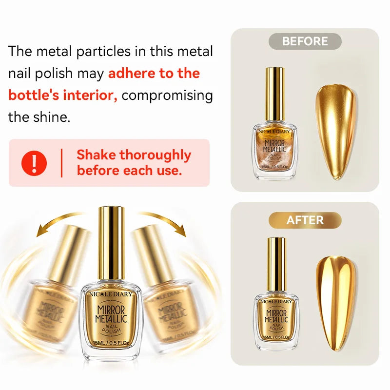 NICOLE DIARY 15ml Metallic Nail Polish Iridescent Flash Gloss Finish Quick Air Dry No Lamp Cure High Pigment Easy Application
