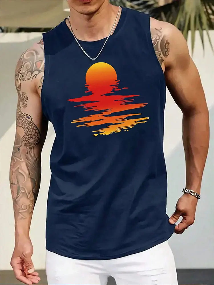 2024 Summer Outdoor Beach Men's Top Hawaiian Style Men's Tank Top Vintage Car Print Tank Top Everyday Casual Sleeveless T-shirt