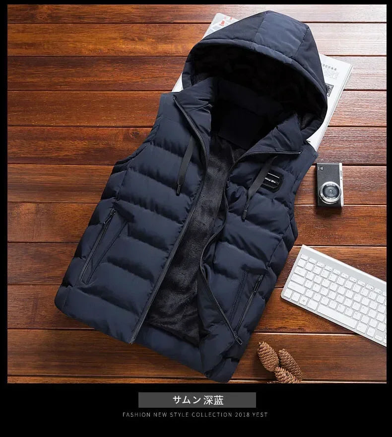 Fashion Warm Hooded Male Winter Vest Light Plus Size Mens Work Vest Waistcoat Hooded New Fleece Autumn Sleeveless Jacket for Men