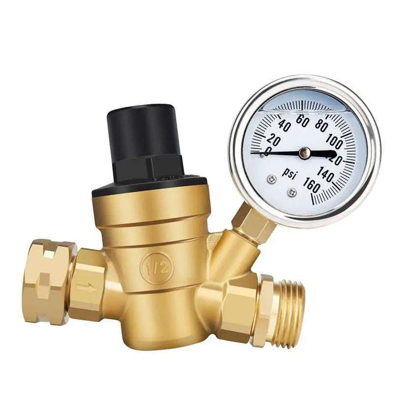 ABMH-1 PCS RV Water Pressure Regulator Valve Adjustable Water Pressure Reducer With Gauge And Inlet Screen Filter, Brass Lead-Fr