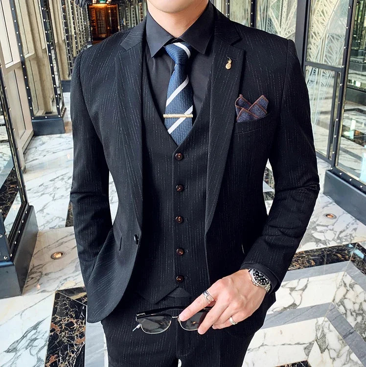 S-7XL ( Blazer + Vest + Pants ) Striped Plaid Solid Color Mens Formal Business Suit 3Pcs Set Groom Wedding Social Show Dress