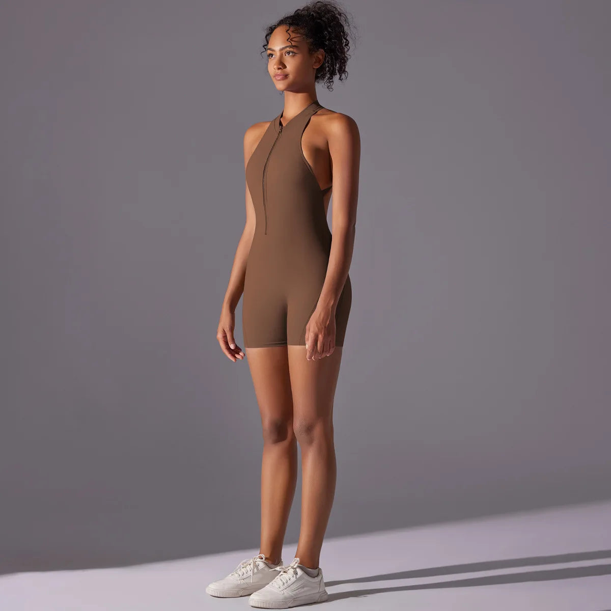 Women's High Neck Zip-Up Yoga Bodysuit, Sleeveless Hollow Back Scrunch Butt Lifting Romper, Buttery Soft Workout Activewear
