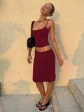Hugcitar Casual 2 Piece Sets Solid Slips Backless Sexy Crop Camis Top Midi Skirt Women Summer Outfits Party Holiday Club