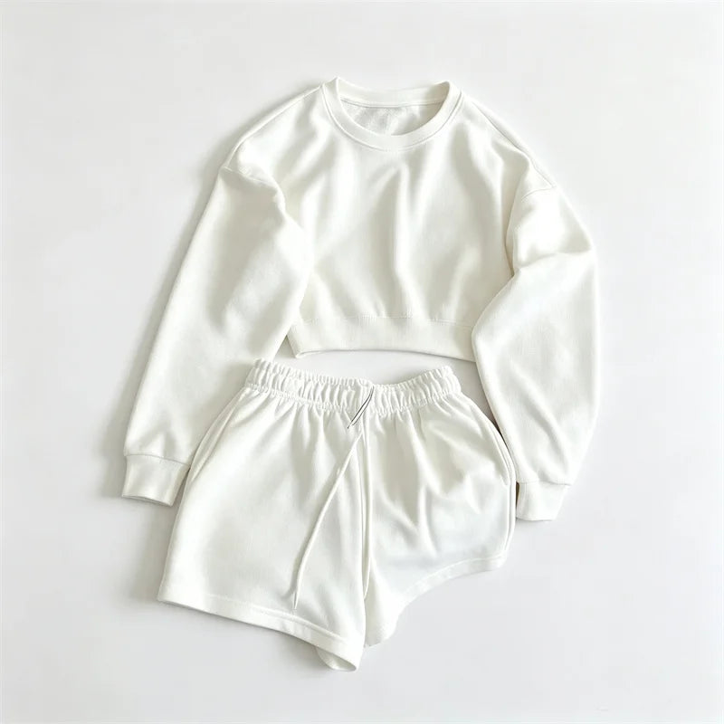spring summer Womens suit Round neck long sleeve Sweatshirt Two Piece Set Casual Sweatshirt+shorts suit Daily Womens Tracksuit