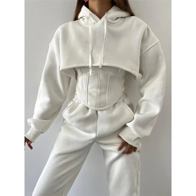 Y2K Sexy Sportswear Women's 3 Piece Set Long Sleeved Hooded Cardigan+slim Fit Strapless Vest+straight Leg Wide Pants