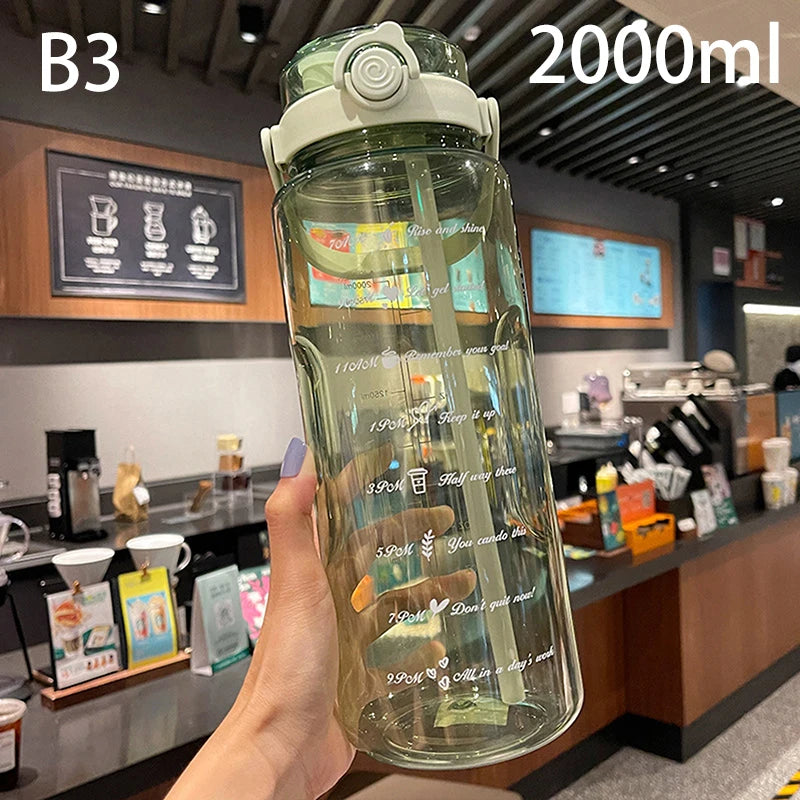1.5/2Liter Sport Straw Water Bottle With Time Scale Plastic Summer Cold Juice Water Cup Large Capacity Portable Travel Bottles