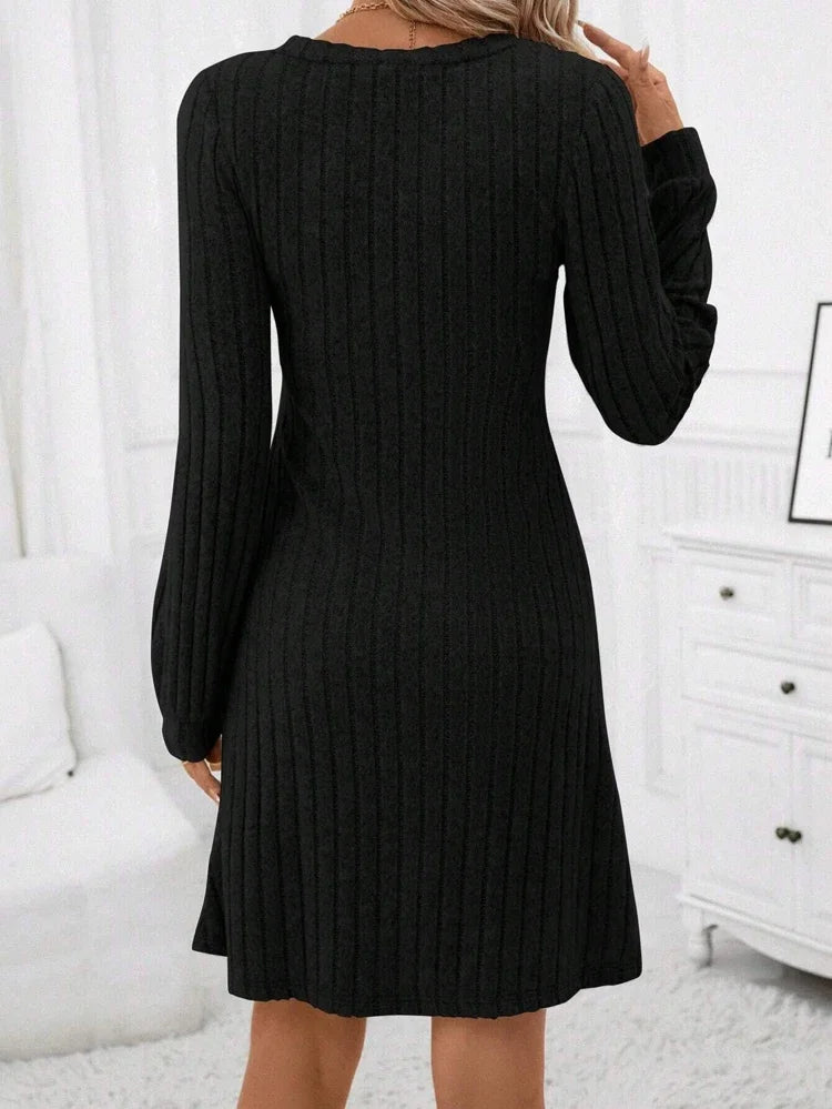 Solid Color Long Sleeve Knitted Ribbed Women Mini Dress Winter Warm V-neck Pit Stripe Dresses Casual Party Vacation New Clothes