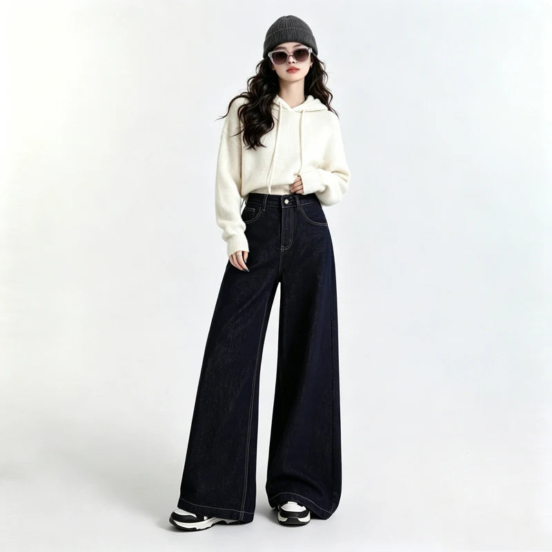 Raw Denim High Waist Wide Leg Draped Jeans Women Vintage Loose Slim Versatile Commute Long Trousers