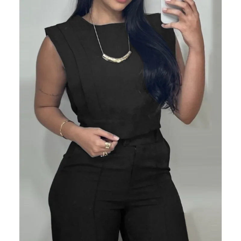 Fashion Solid 2 Piece Set For Women Casual Sleeveless O Neck Short Tops+High Waist Wide Leg Pants Sets High Street Clothes New