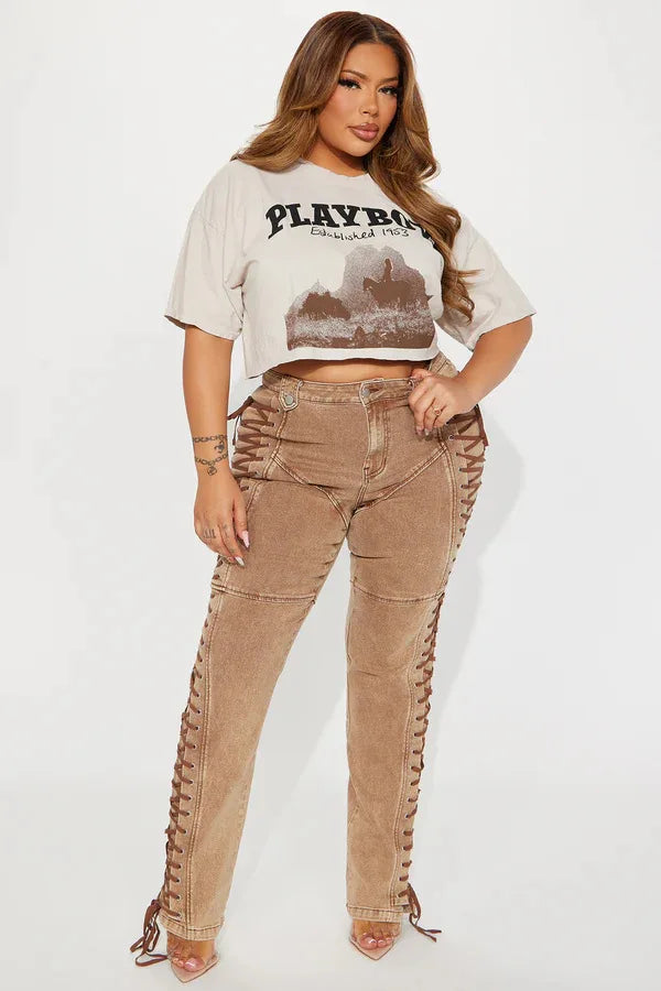 Europe America New Fashionable Women's Straight-leg High-waisted Jeans, Featuring Lace-up Straps and Drawstrings for Hot Girls