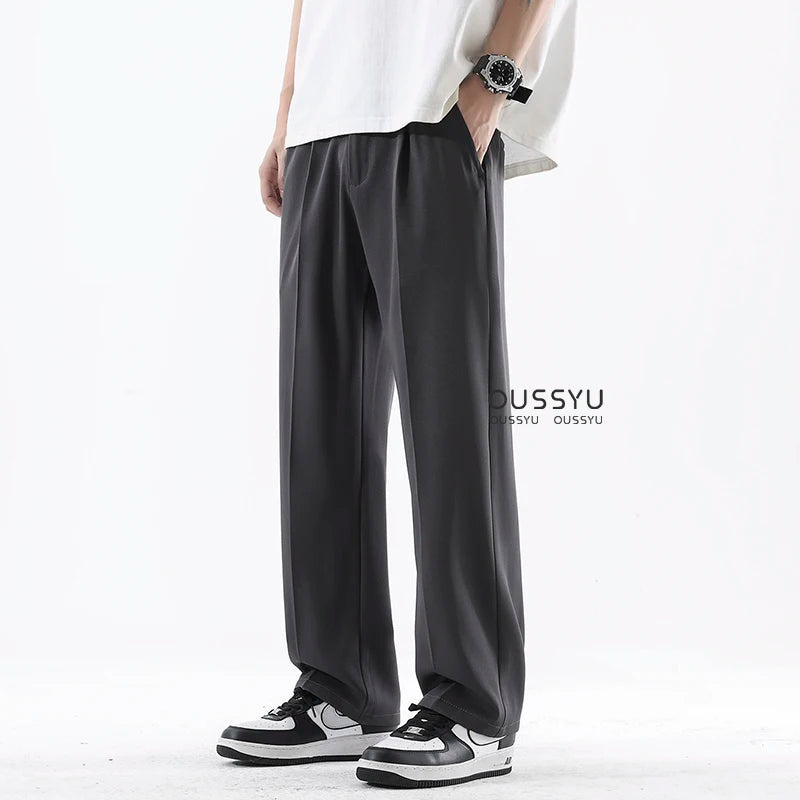 Spring Summer Smooth Casual Pants Men Business Elastic Waist Black Grey Khaki Suit Trousers Male Work Office Plus Size S-5XL